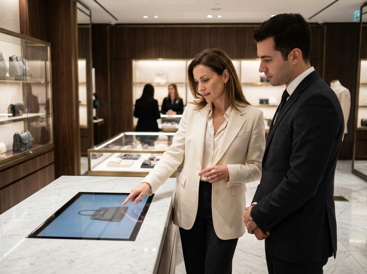 Cliente élégante interagissant avec une interface numérique tactile dans une boutique de luxe aux finitions en marbre et bois sombre