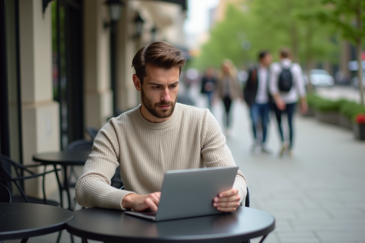 Jeune homme analyse mode sur ordinateur en extérieur