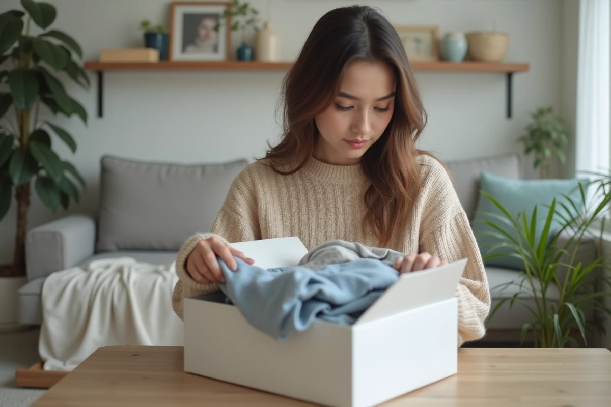 Jeune femme en pastel et denim examine un vêtement dans un salon cosy
