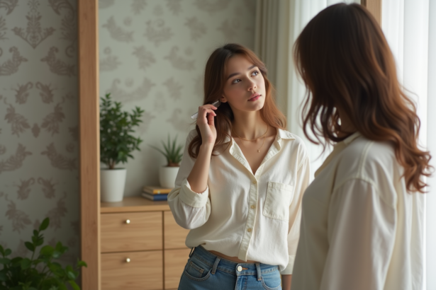 Jeune femme se brossant les cheveux dans sa chambre naturelle