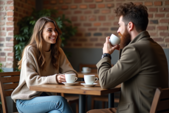 Jeune femme souriante dans un café cosy avec un homme