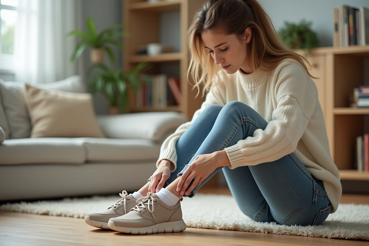 Jeune femme à la maison insère une chaussette dans une chaussure
