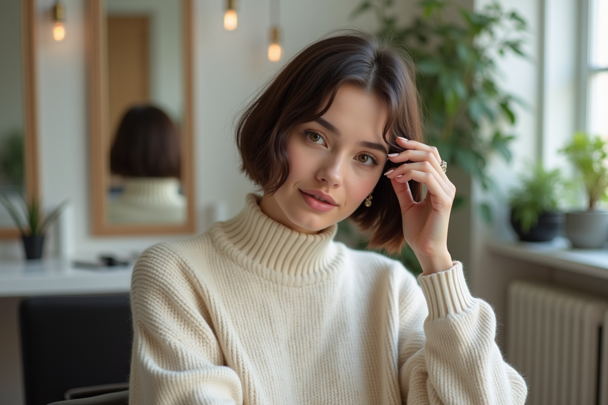 Jeune femme coiffée d'un bob dans un salon moderne