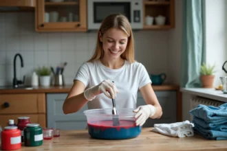 Jeune femme en blanc et jeans mélangeant teinture tissu