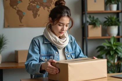 Jeune femme emballant un colis dans un espace de travail moderne