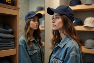 Jeune femme en boutique essayant différentes casquettes
