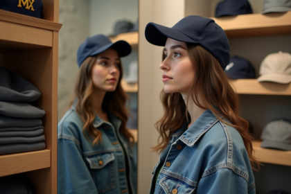 Jeune femme en boutique essayant différentes casquettes