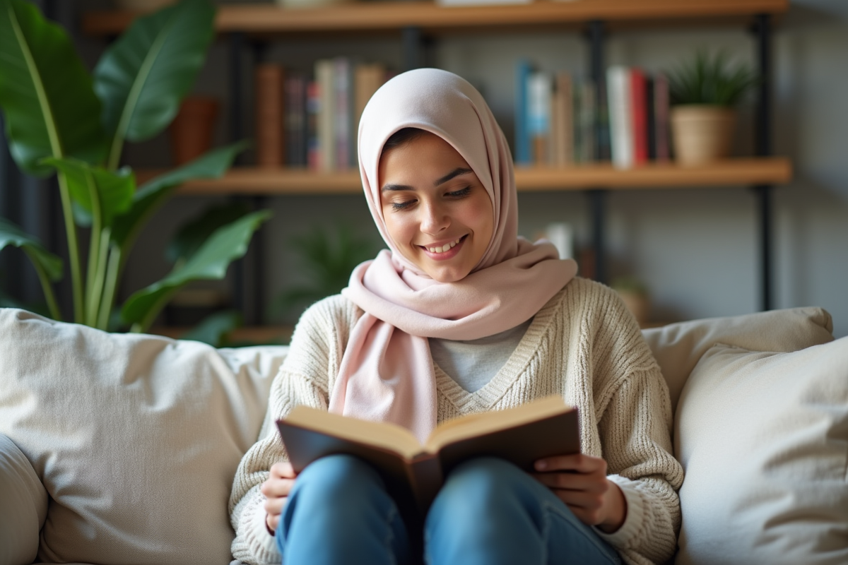 Jeune femme lisant dans un salon moderne et cozy