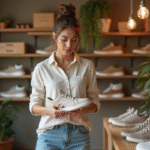 Jeune femme examine la semelle de sneakers écologiques dans une boutique naturelle