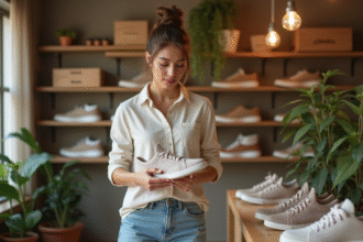 Jeune femme examine la semelle de sneakers écologiques dans une boutique naturelle