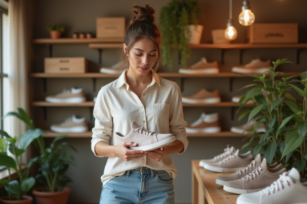 Jeune femme examine la semelle de sneakers écologiques dans une boutique naturelle