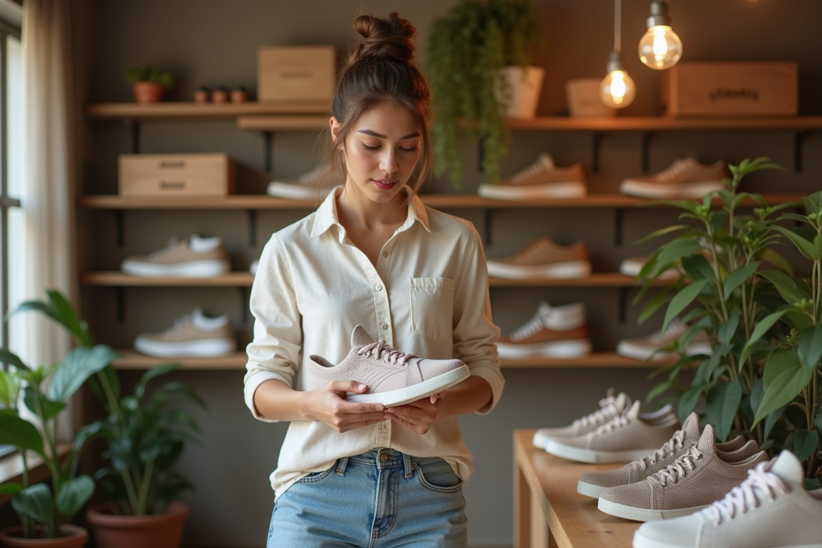 Jeune femme examine la semelle de sneakers écologiques dans une boutique naturelle