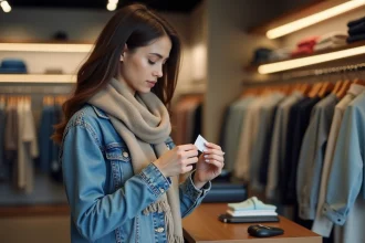 Jeune femme examine une étiquette de vêtement en boutique