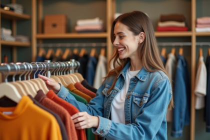 Jeune femme souriante dans une boutique de vêtements tendance