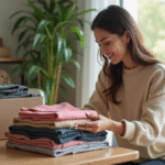 Jeune femme en streetwear triant des vêtements dans une maison lumineuse