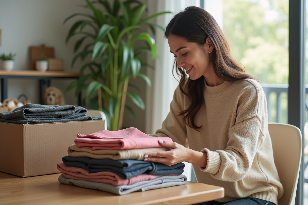 Jeune femme en streetwear triant des vêtements dans une maison lumineuse