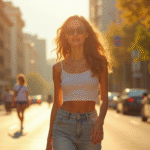 Jeune femme marchant dans la ville en crop top et jeans