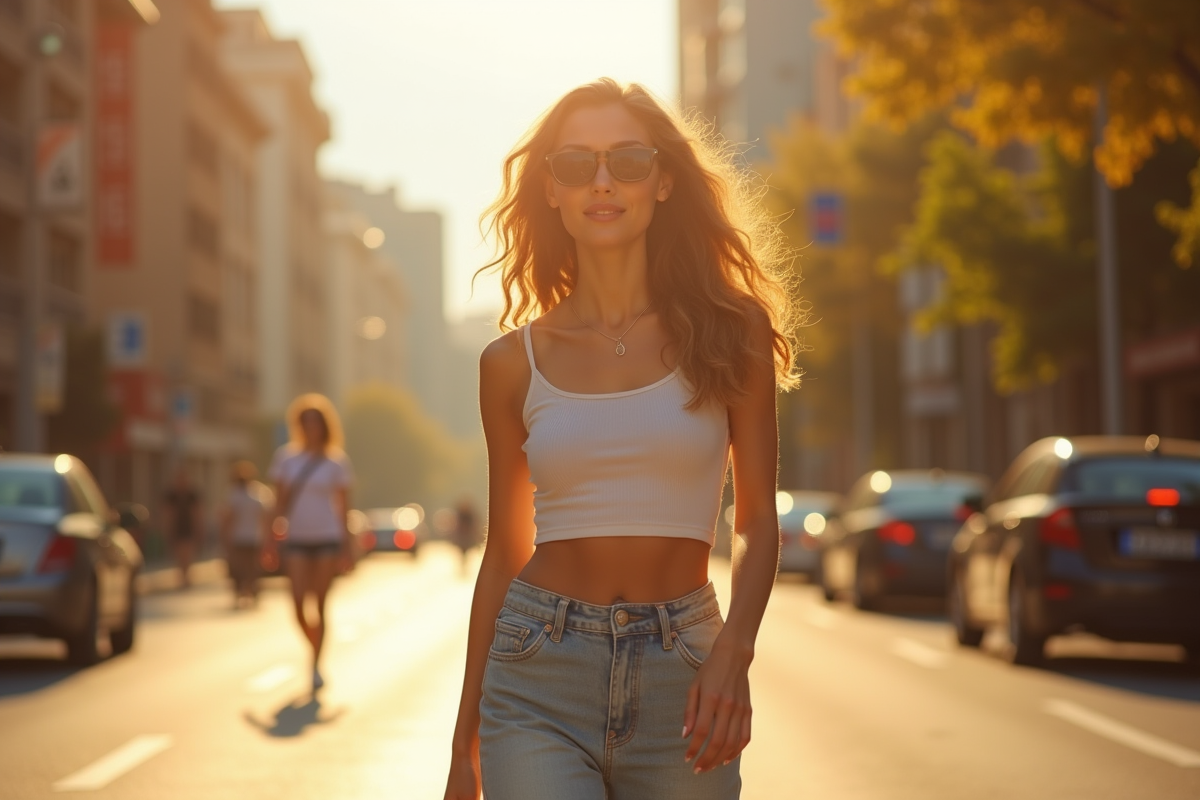 Jeune femme marchant dans la ville en crop top et jeans