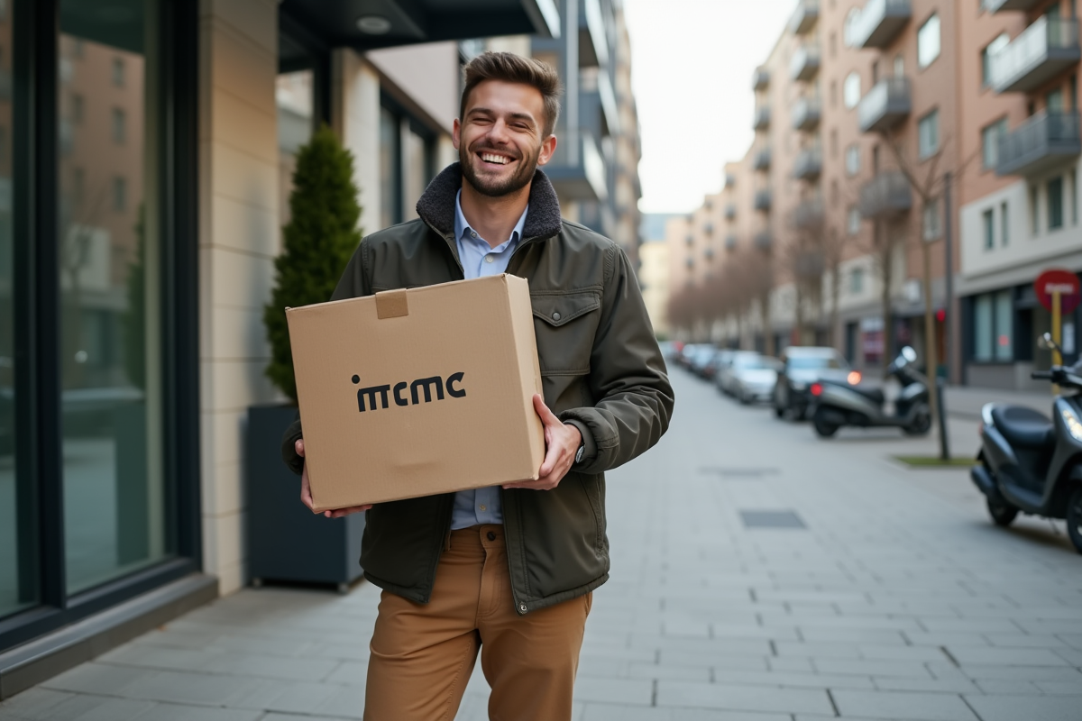 Jeune homme ouvrant un colis devant un immeuble moderne