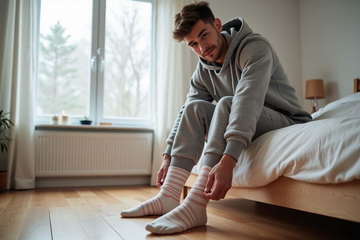 Jeune homme en chaussettes piloupilou dans une chambre lumineuse
