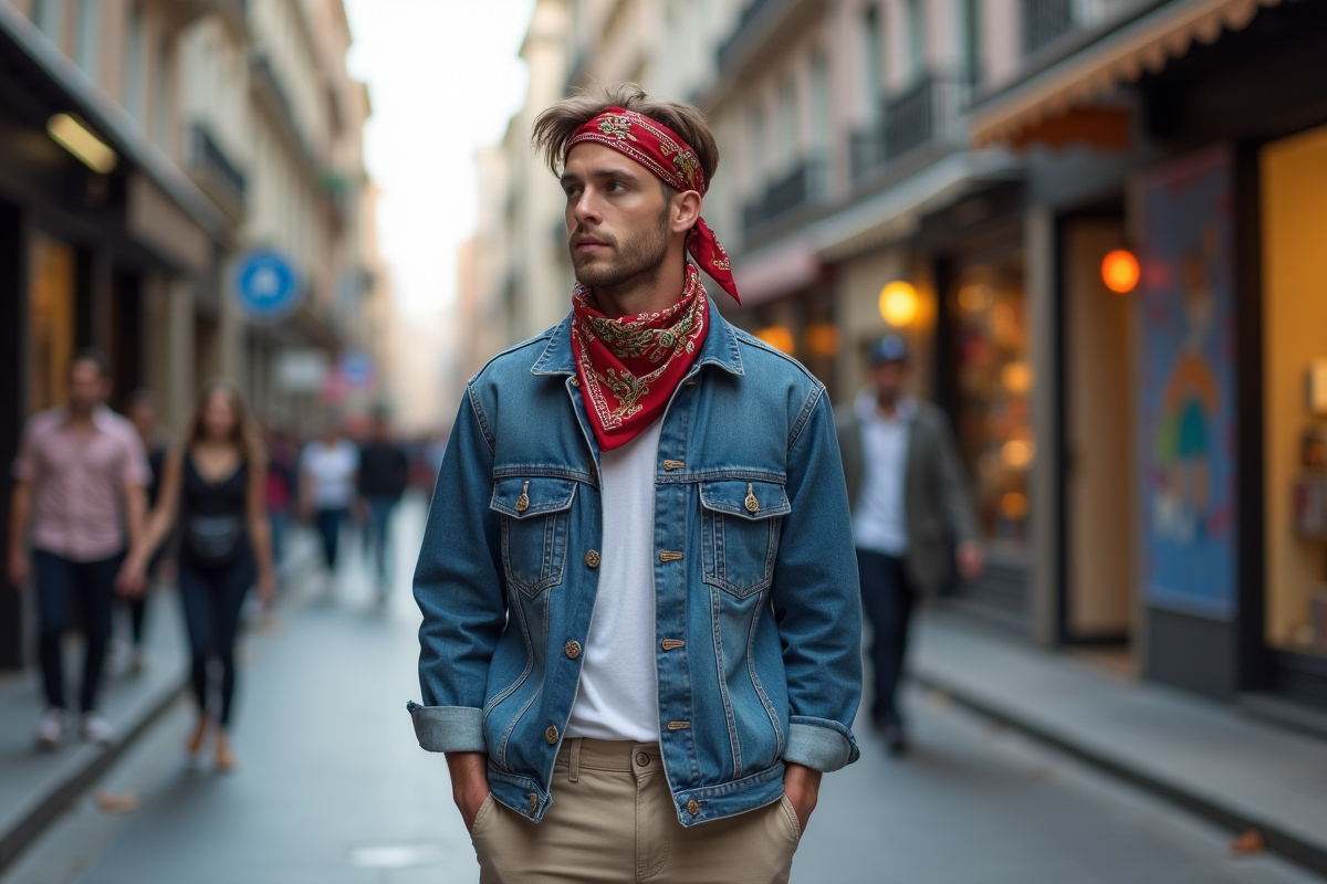 Jeune homme portant un foulard en tête dans la rue urbaine