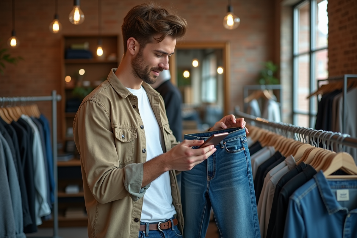 Jeune homme regardant un jean vintage dans une boutique urbaine