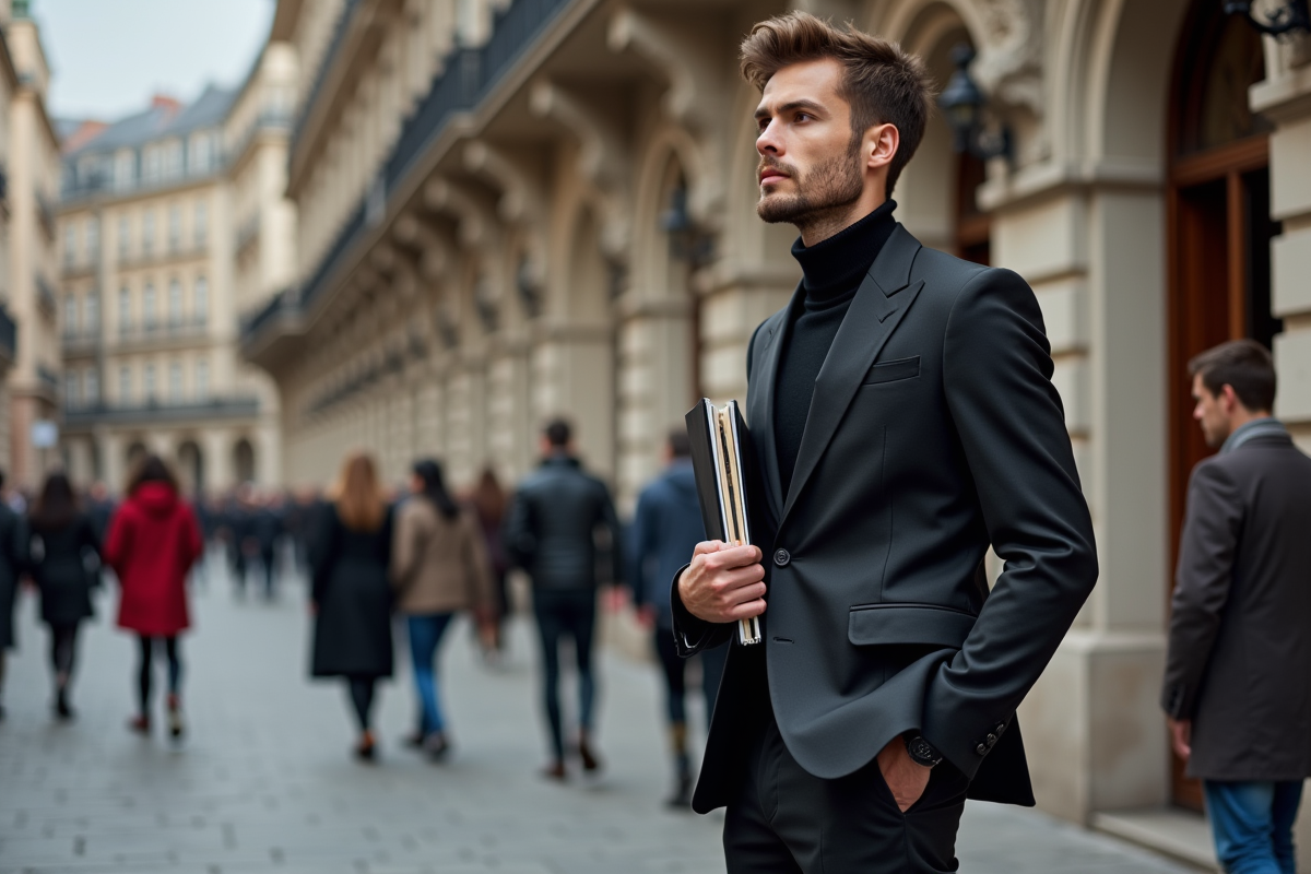 Jeune homme styliste dans la rue avec croquis et architecture