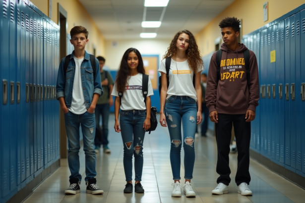 Groupe d'élèves de collège français dans le couloir scolaire
