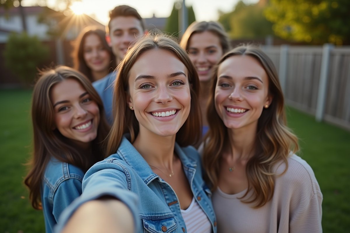 Jeunes posant pour un selfie avec une actrice lors d
