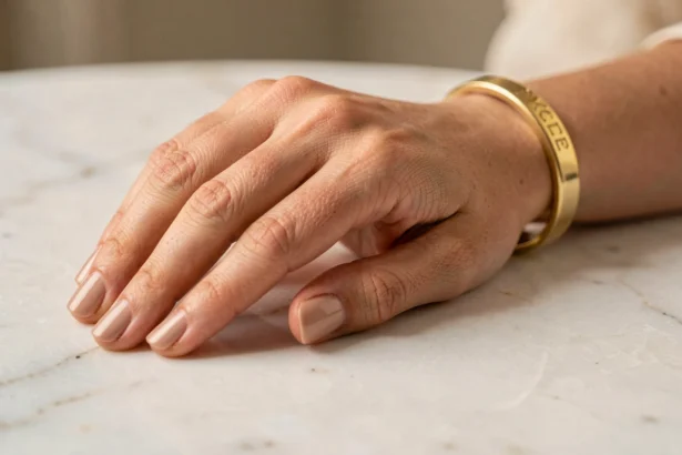 Jonc en or personnalisé avec initiales gravées porté au poignet d'une femme sur fond marbre blanc