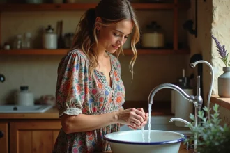 Femme prenant soin de sa robe hippie en la lavant délicatement à la main dans une bassine en émail, dans une salle de bain rustique au carrelage terracotta