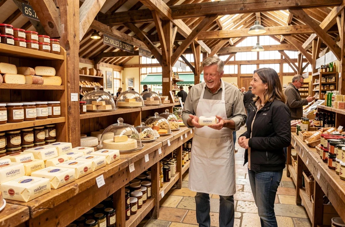 Intérieur des Halles d'Isigny avec des étals de beurre AOC, caramel et spécialités laitières normandes