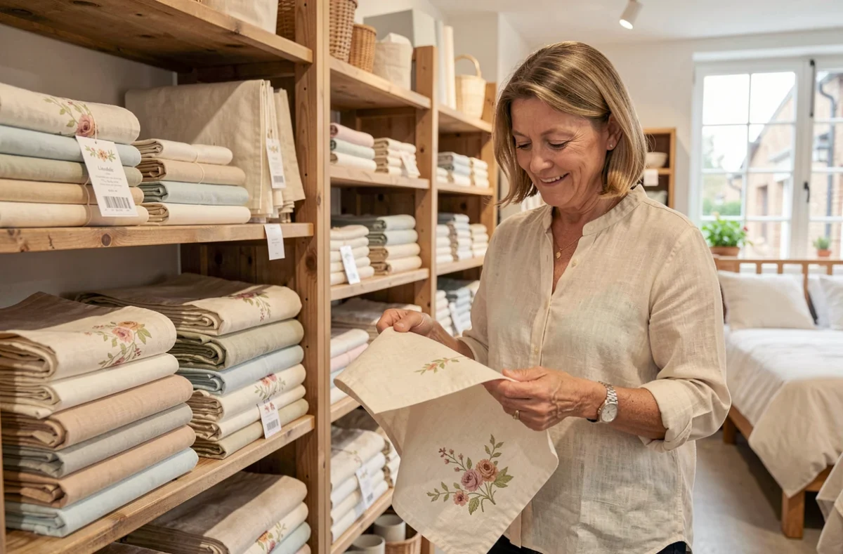 Intérieur du magasin Linandelle avec des nappes, serviettes et linge de maison en lin naturel exposés sur des étagères en bois
