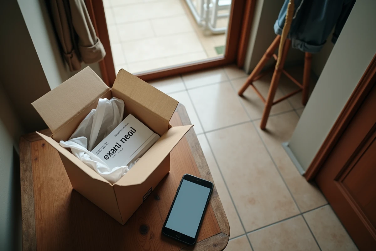 Colis de commande de la boutique Lucie Roussel ouvert sur une table avec confirmation de livraison sur smartphone