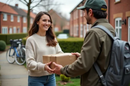 Jeune femme remet un colis à un livreur dans un quartier résidentiel