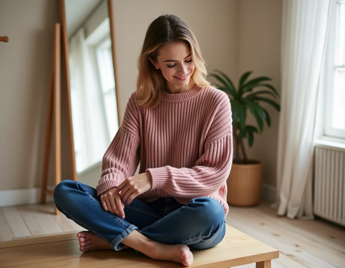 Femme assise en pull côtelé rose Kiabi et jean droit dans un dressing minimaliste avec miroir pleine longueur