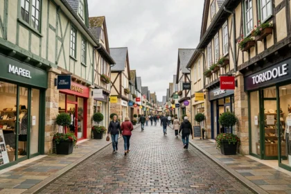 Vue panoramique d'un village outlet en Normandie avec des boutiques de marques et des promeneurs sur une allée piétonne
