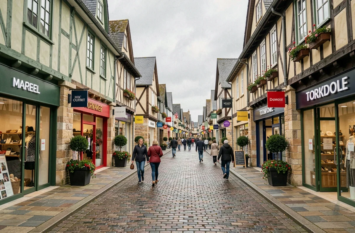 Vue panoramique d'un village outlet en Normandie avec des boutiques de marques et des promeneurs sur une allée piétonne