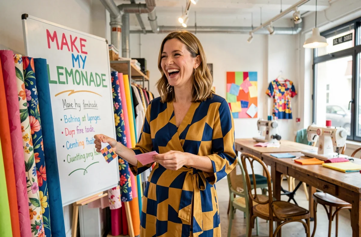 Femme en robe imprimée colorée dans la boutique Make My Lemonade Paris