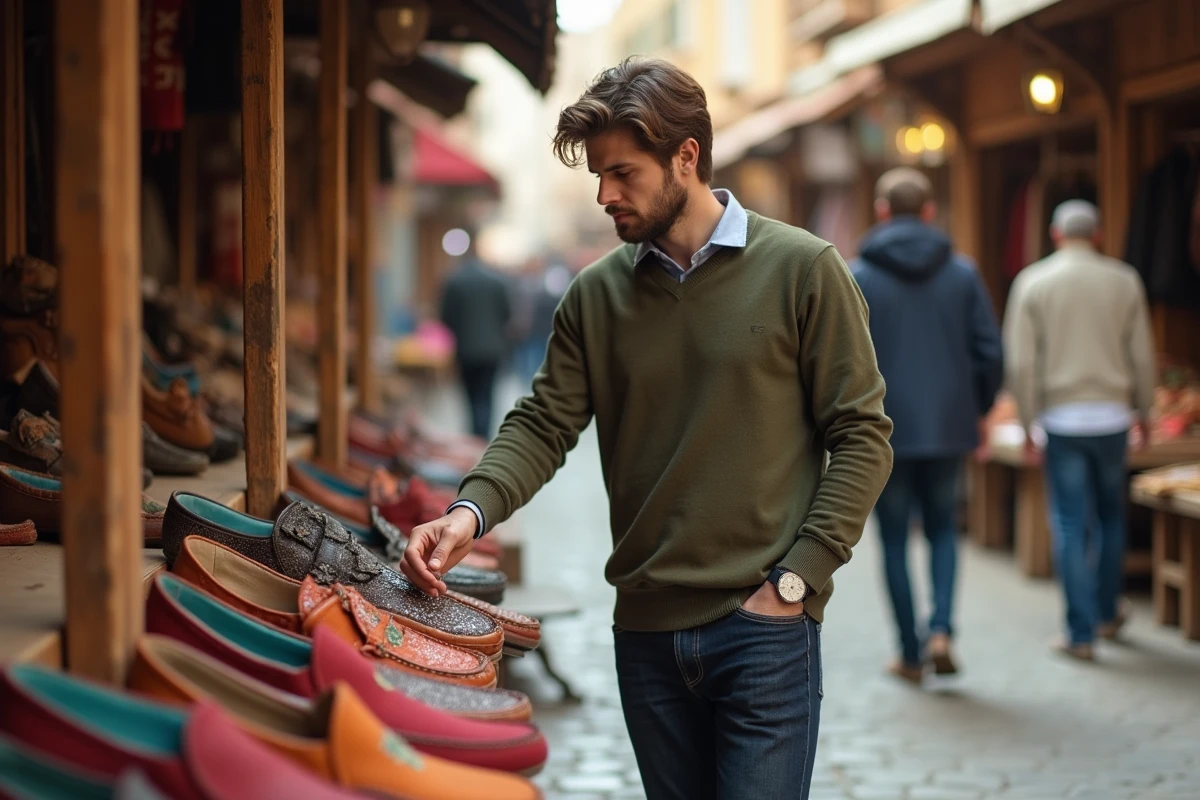 Jeune homme examine des babouches dans un marché marocain animé