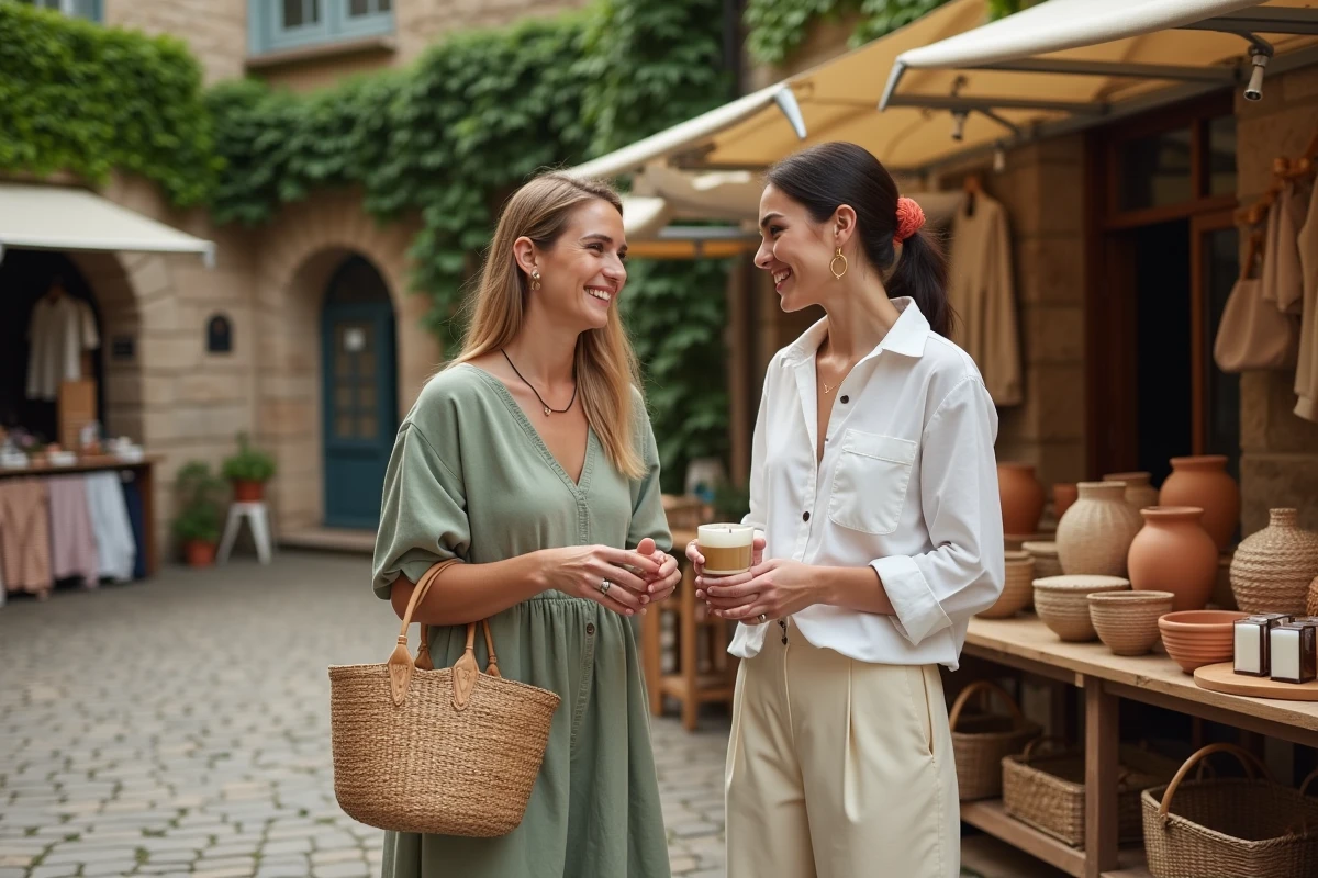Deux femmes explorant un marché artisanal en plein air avec paniers tressés et pots en terre cuite dans un style de mise en scène Instagram