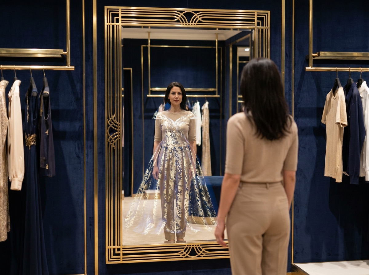 Femme essayant une robe en réalité augmentée devant un miroir connecté dans une cabine d'essayage de maison de couture de luxe