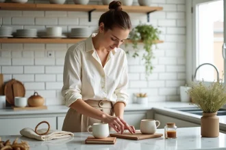 Jeune femme arrangeant une mise en scène de produits artisanaux sur marbre dans une cuisine scandinave pour Instagram