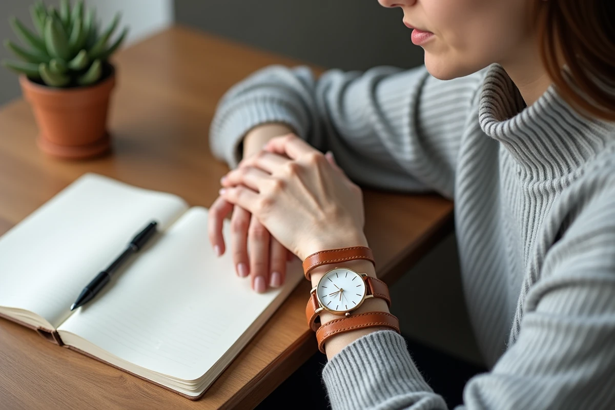 Montre femme double bracelet cuir caramel portée sur un bureau en bois dans un intérieur scandinave minimaliste
