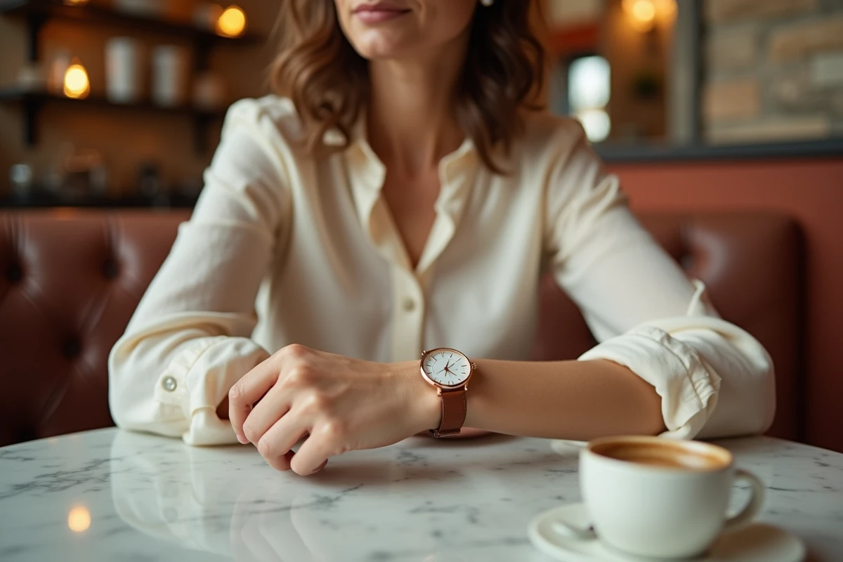Femme élégante portant une montre double bracelet cuir cognac dans un café parisien