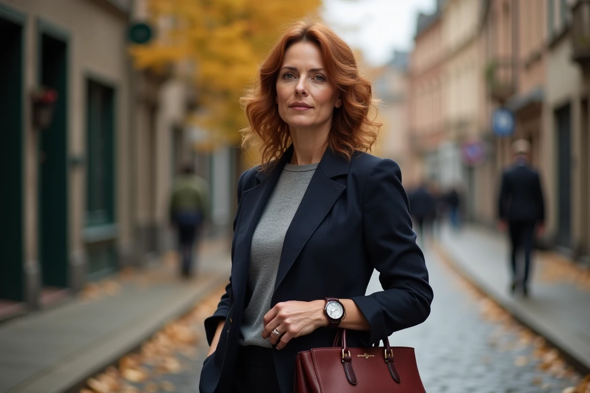 Femme en tailleur portant une montre double bracelet cuir bordeaux dans une rue pavée en automne