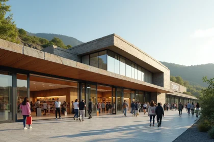 Entrée du nouveau magasin Dancharia avec des familles arrivant pour faire leurs courses et profiter des services