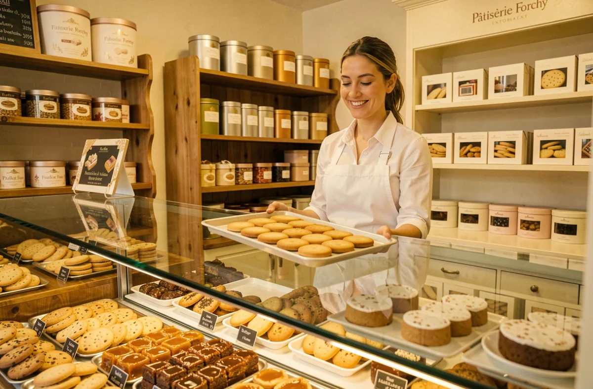 Intérieur de la Pâtisserie Forchy avec ses vitrines remplies de biscuits normands et de boîtes de confiseries artisanales