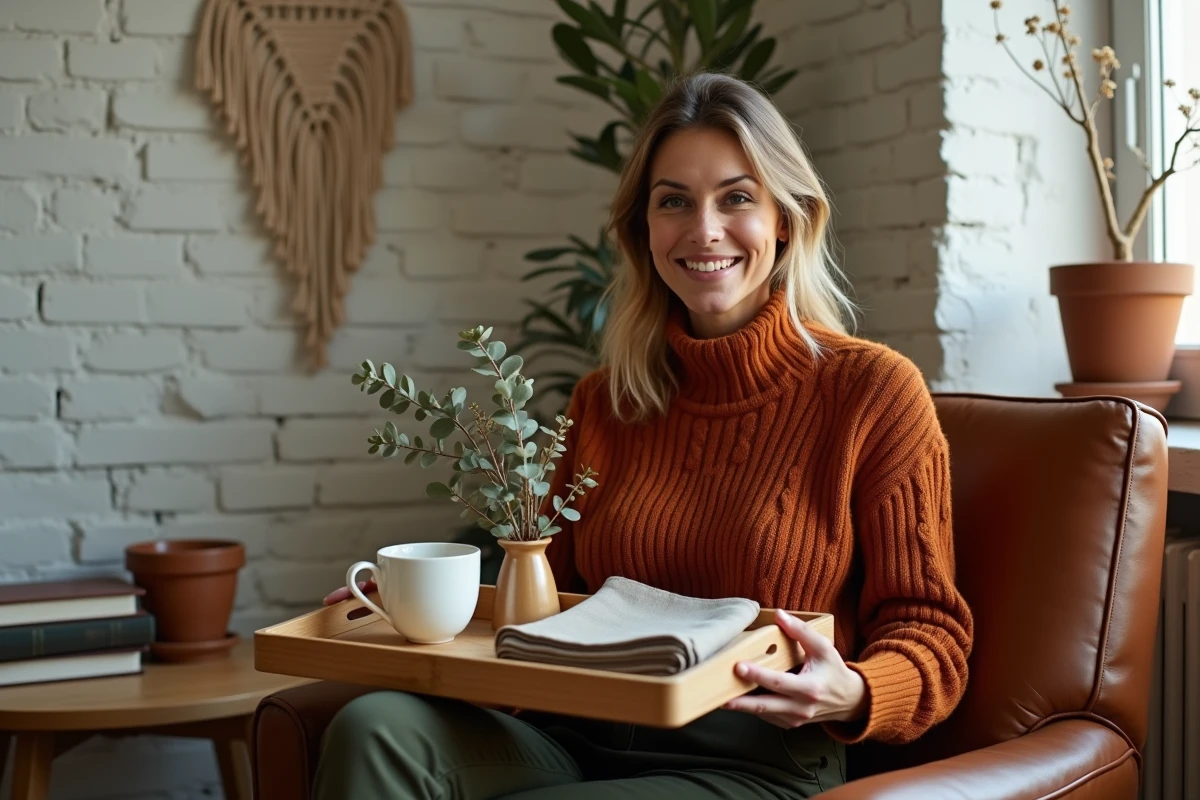 Femme tenant un plateau stylisé avec café et eucalyptus dans un salon chaleureux inspiré des tendances Instagram