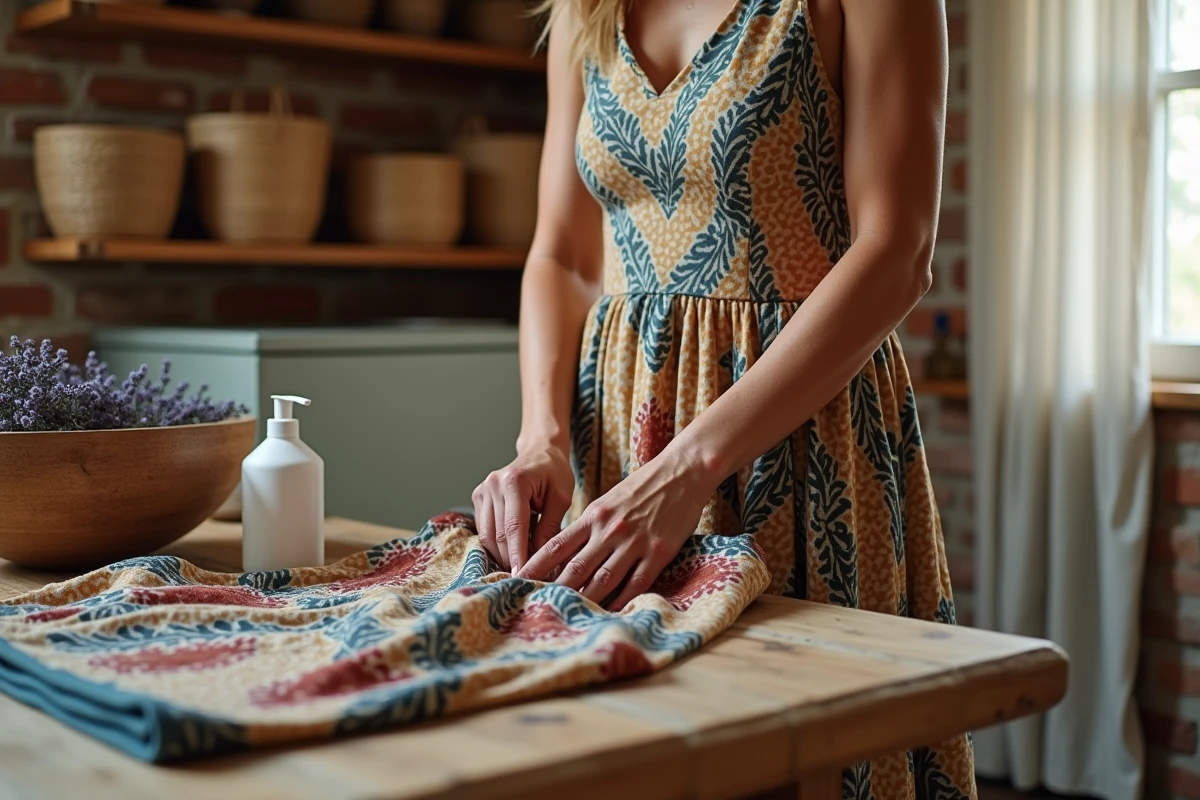 Femme pliant soigneusement une robe hippie propre sur une table en bois brut, entourée de lavande séchée et de produits d'entretien naturels